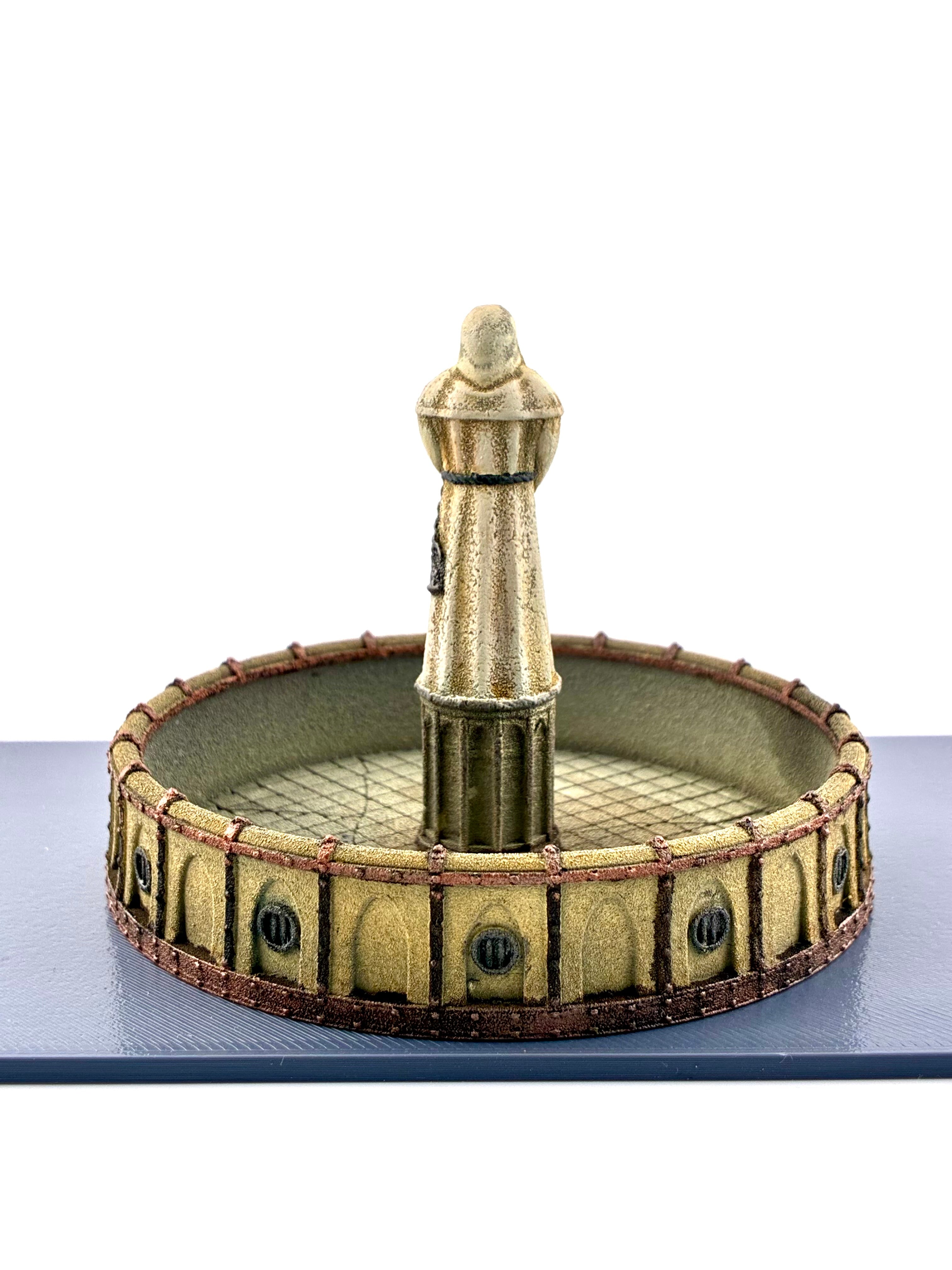 3D printed gothic martyr's fountain back on a grey footprint